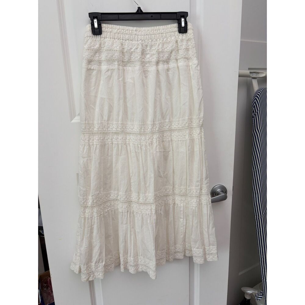 White Cotton Tiered Maxi Skirt Lace Trim Smocked Waist Petite Med Peasant Boho